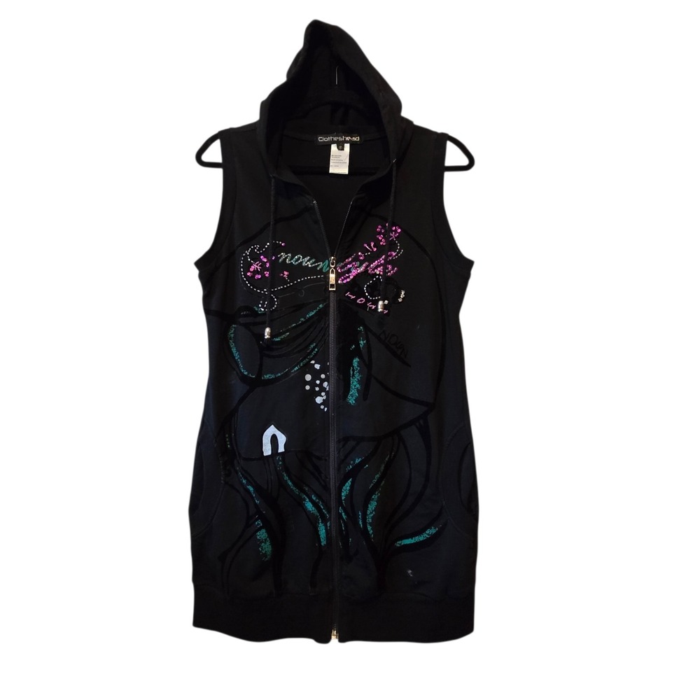 Clotheshead Artsy Zip Hooded Vest Women's Sz 8 Black Graphic Sayings Art-to-Wear